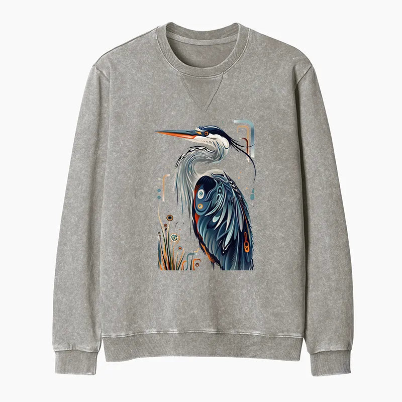 Kyoto-Lion Stylish Blue Heron Washed Terry Sweatshirt