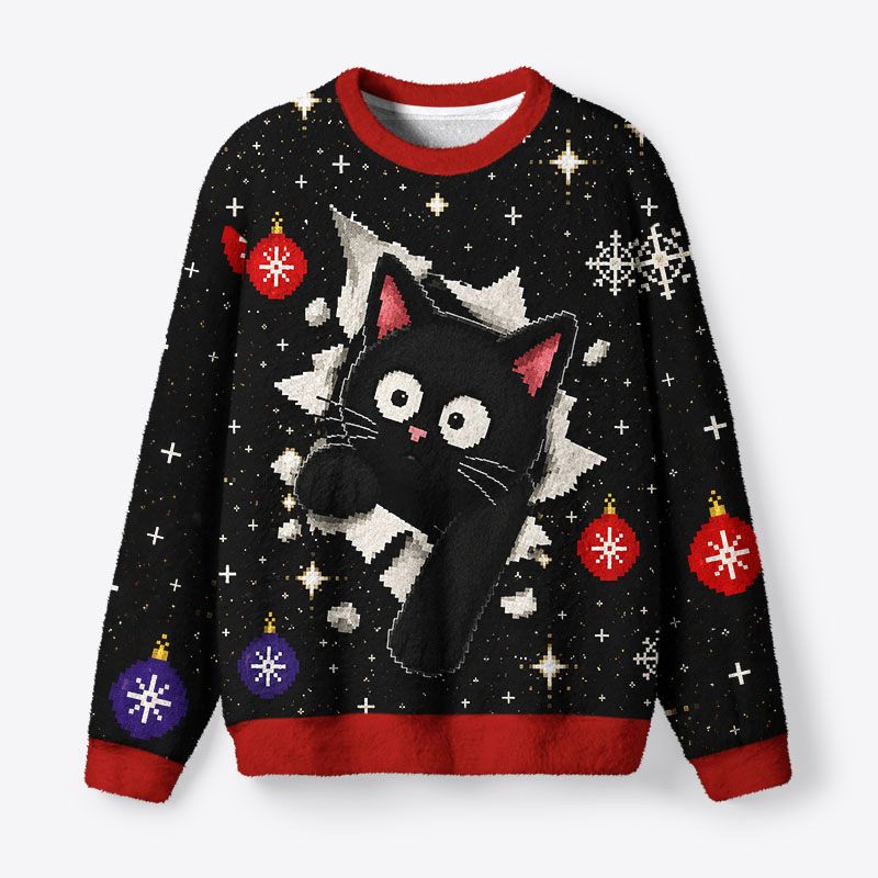 Kyoto-Lion Breakout Black Cat Fuzzy Christmas Ugly Sweatshirt