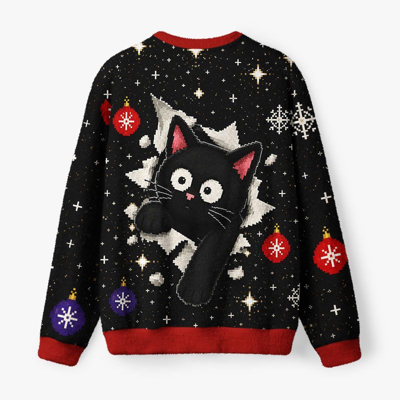 Kyoto-Lion Breakout Black Cat Fuzzy Christmas Ugly Sweatshirt