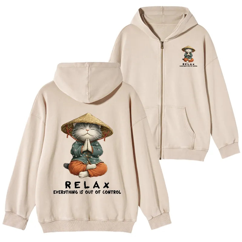 Kyoto-Lion Zen Relax Cat Graphic Washed Zip Hoodie