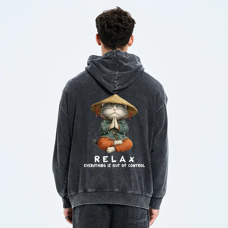 Kyoto-Lion Zen Relax Cat Graphic Washed Zip Hoodie