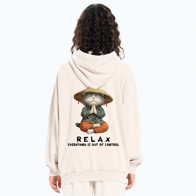 Kyoto-Lion Zen Relax Cat Graphic Washed Zip Hoodie
