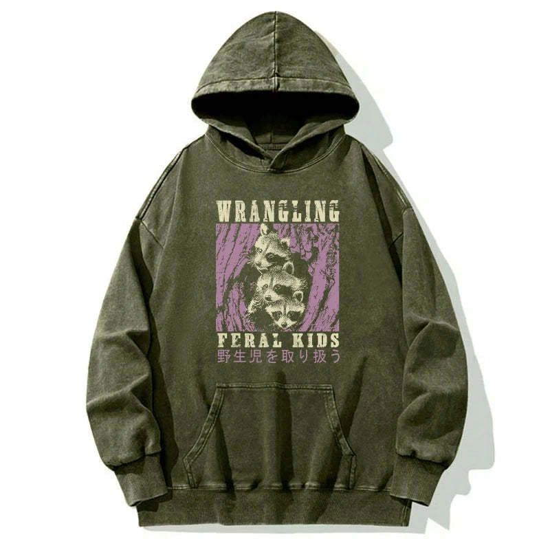 Kyoto-Lion Wrangling Feral Raccoon Kids Washed Hoodie