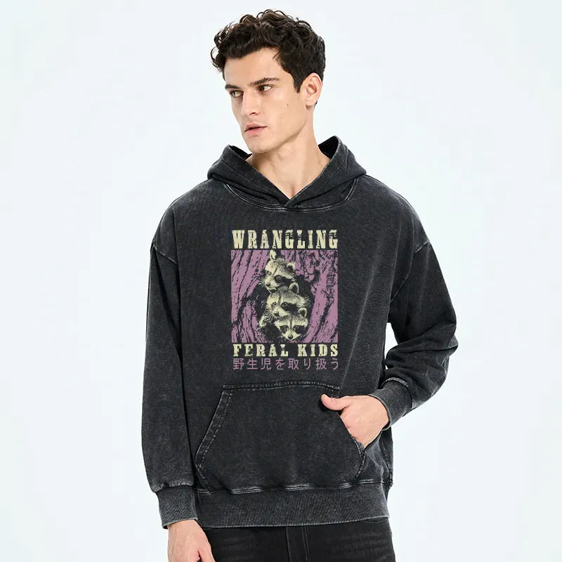 Kyoto-Lion Wrangling Feral Raccoon Kids Washed Hoodie