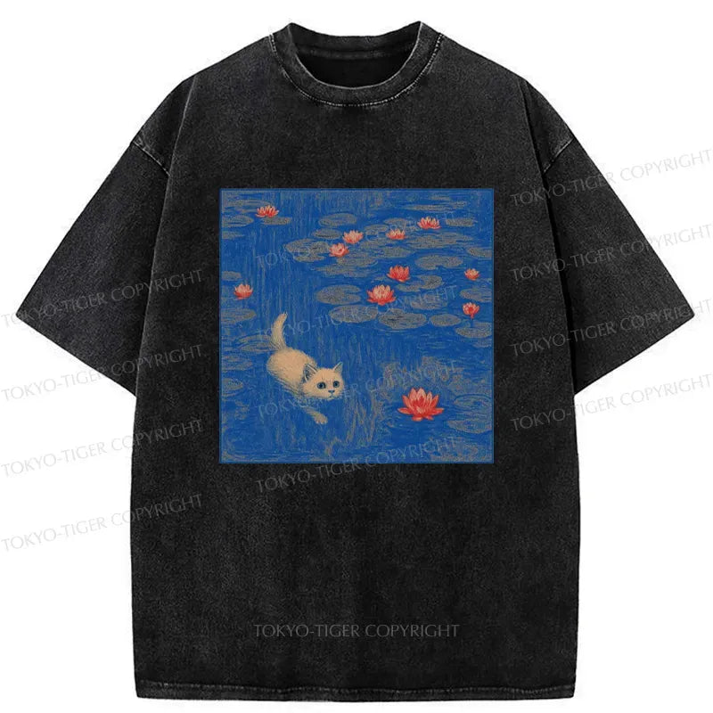 Kyoto-Lion The Kitten Sneaking Into The Water Lilies Washed T-Shirt