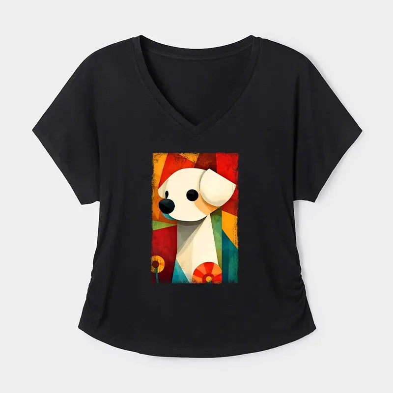 Kyoto-Lion Retro Abstract Color Block Puppy Art Modal Dolman Sleeve T-Shirt
