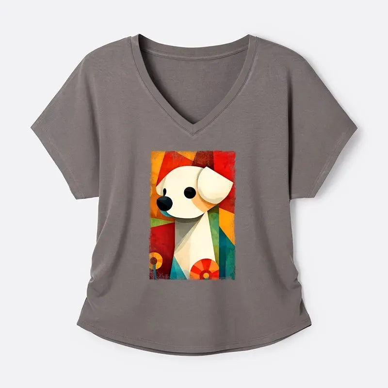 Kyoto-Lion Retro Abstract Color Block Puppy Art Modal Dolman Sleeve T-Shirt