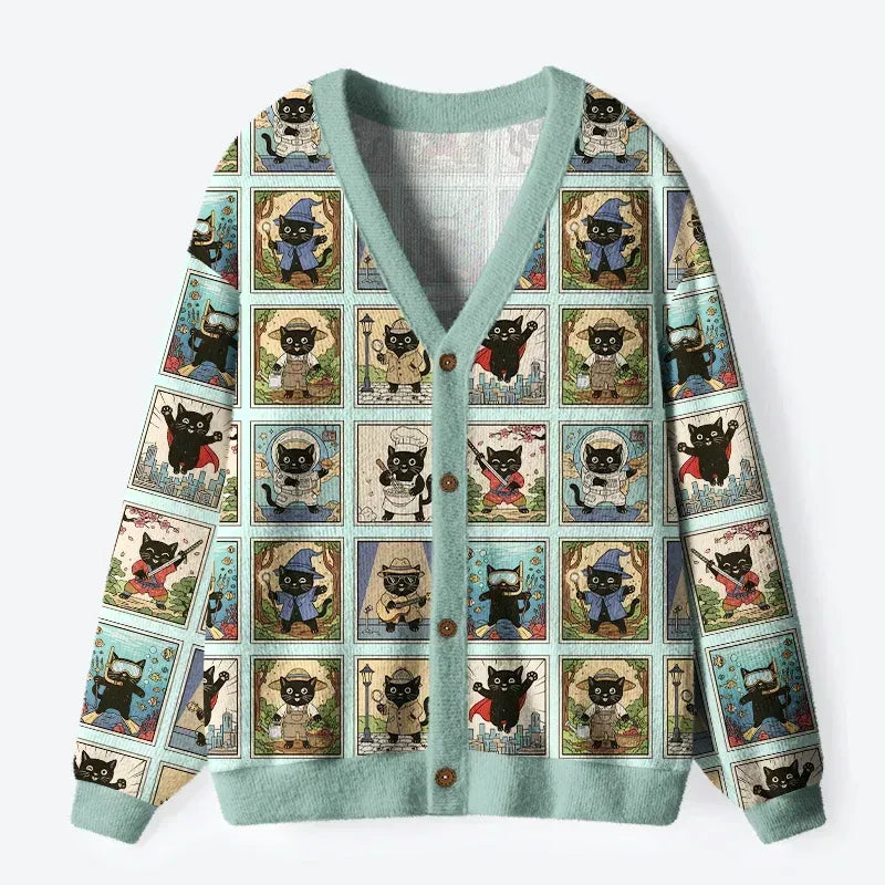 Kyoto-Lion Black Cats From Various Worlds Ugly Cardigan Sweater