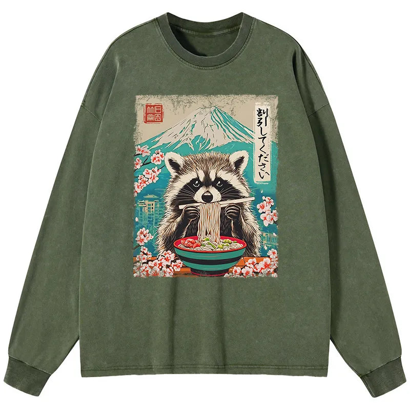 Kyoto-Lion Please Give Raccoon A Discount Washed Long Sleeve T-Shirt