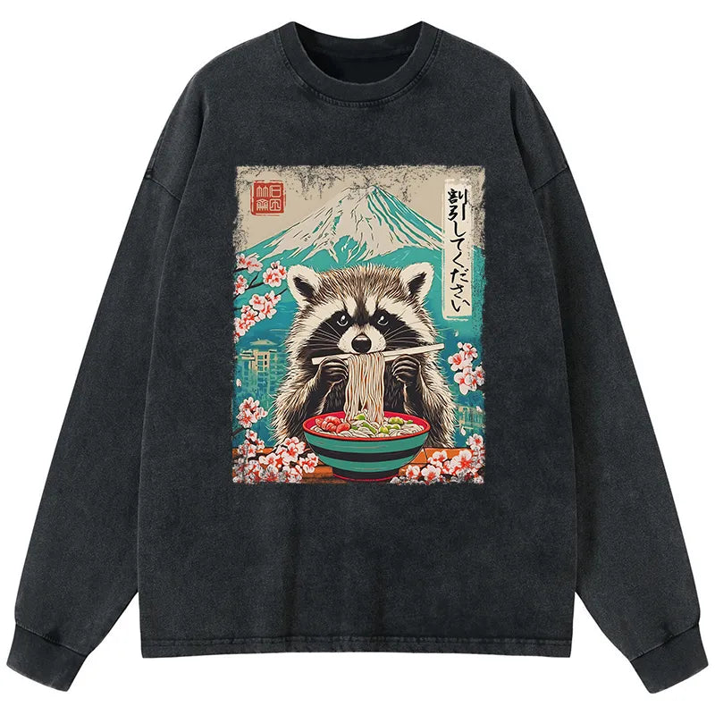 Kyoto-Lion Please Give Raccoon A Discount Washed Long Sleeve T-Shirt