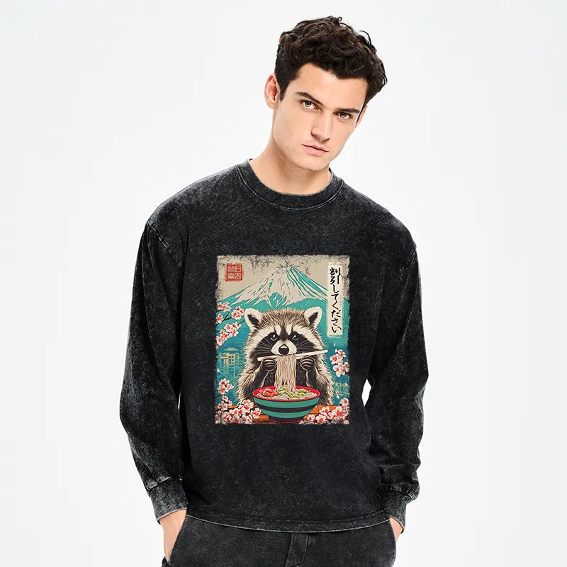 Kyoto-Lion Please Give Raccoon A Discount Washed Long Sleeve T-Shirt