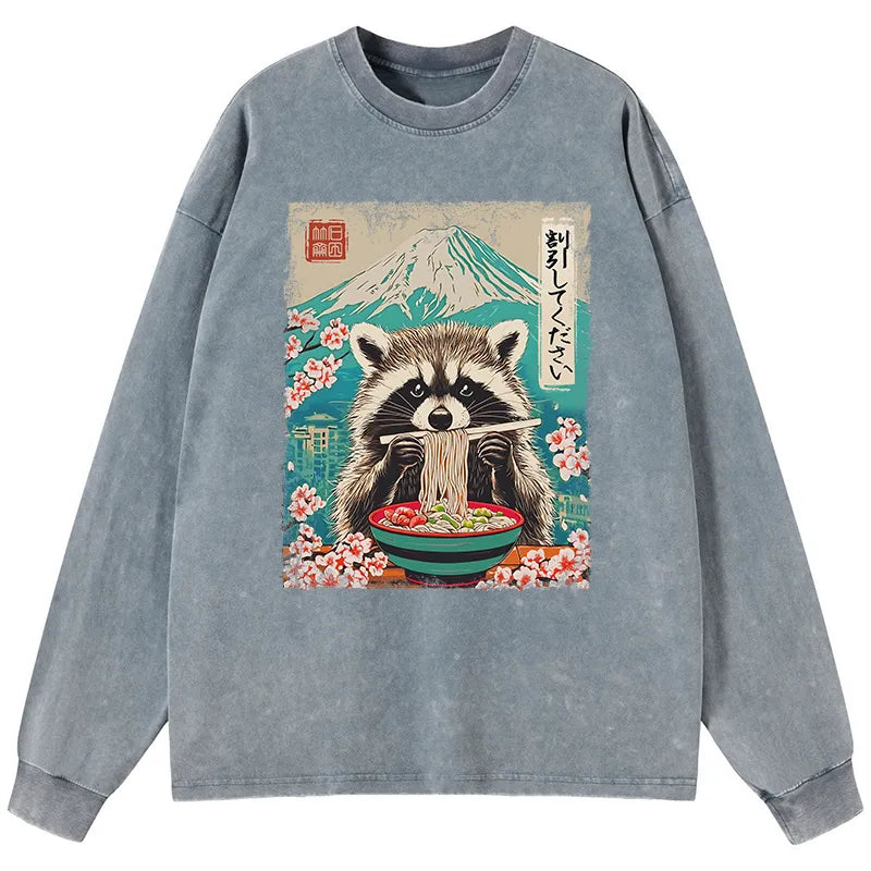 Kyoto-Lion Please Give Raccoon A Discount Washed Long Sleeve T-Shirt