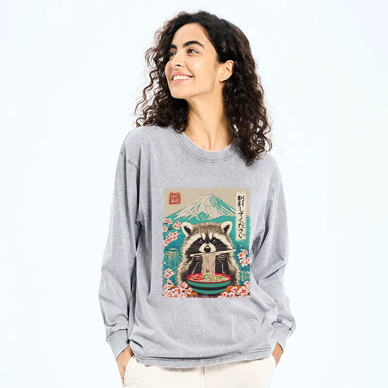 Kyoto-Lion Please Give Raccoon A Discount Washed Long Sleeve T-Shirt