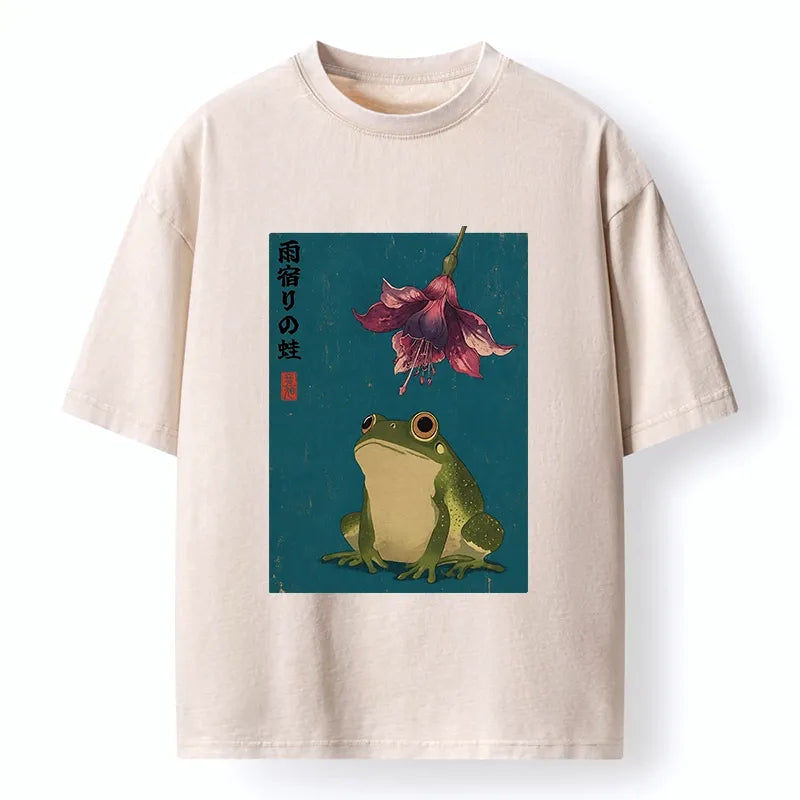 Kyoto-Lion Ukiyo E Rain Frog Art Washed T-Shirt