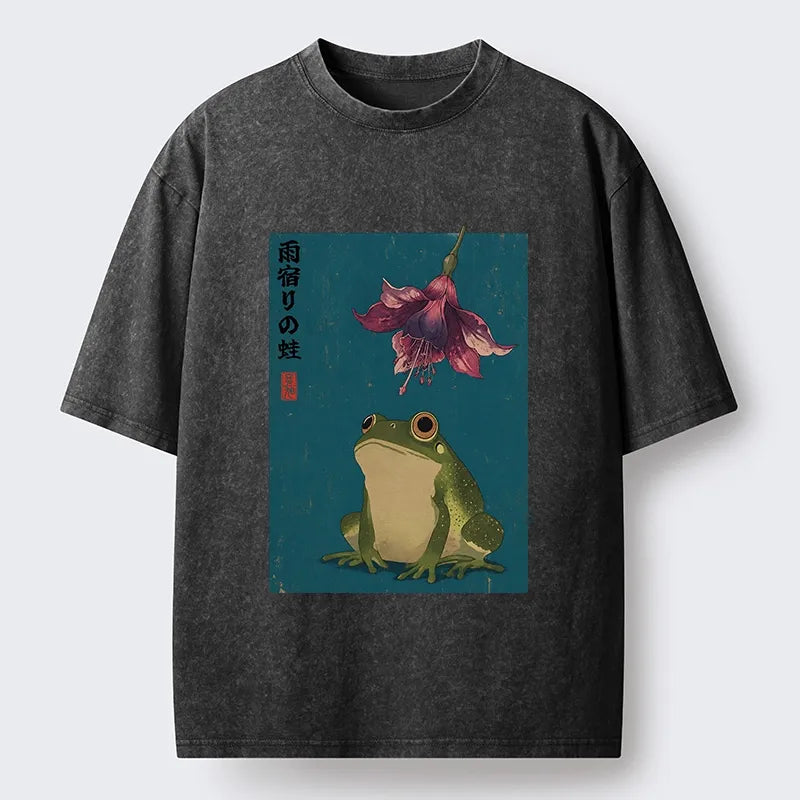 Kyoto-Lion Ukiyo E Rain Frog Art Washed T-Shirt