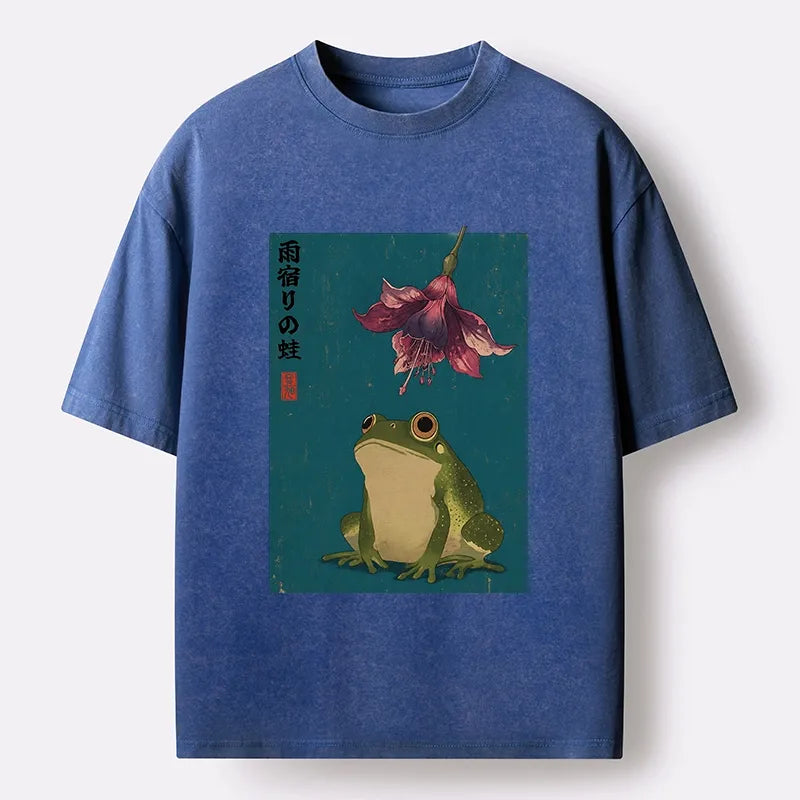 Kyoto-Lion Ukiyo E Rain Frog Art Washed T-Shirt