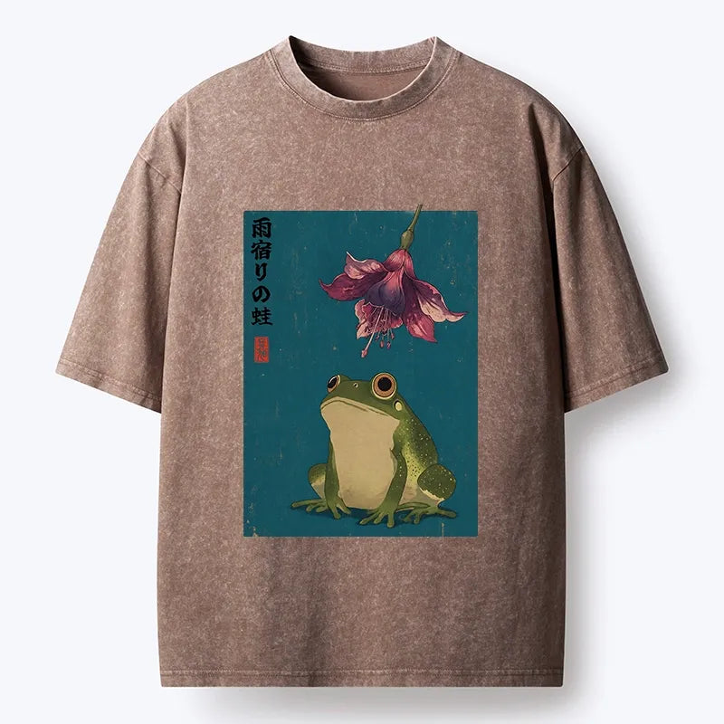 Kyoto-Lion Ukiyo E Rain Frog Art Washed T-Shirt