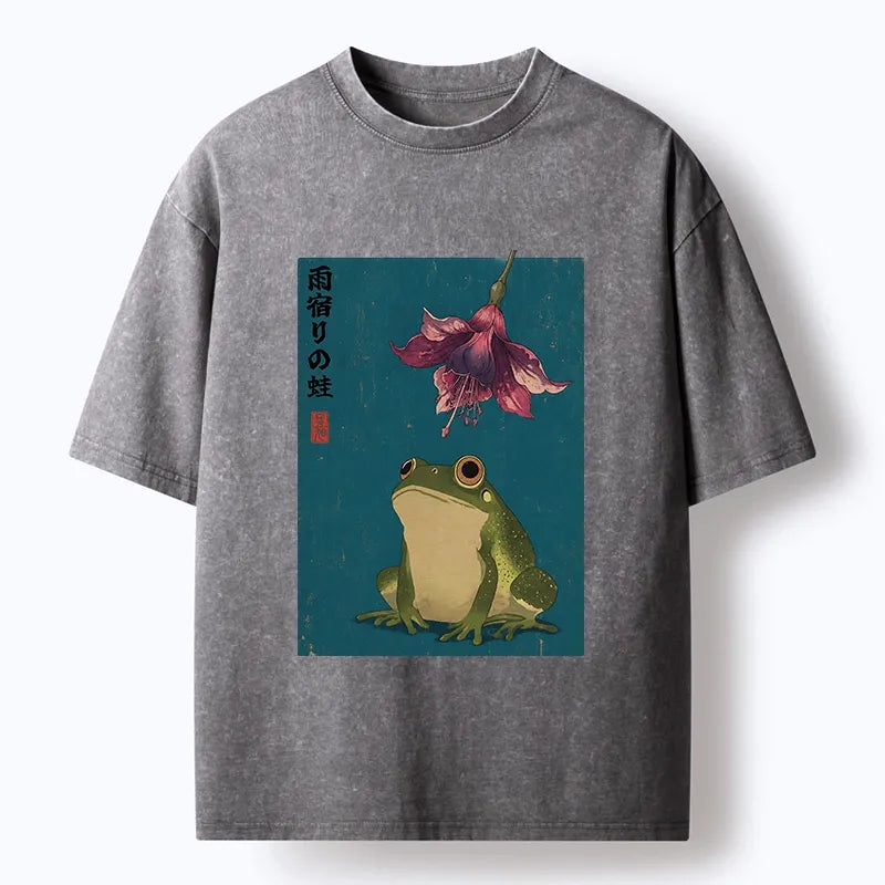 Kyoto-Lion Ukiyo E Rain Frog Art Washed T-Shirt