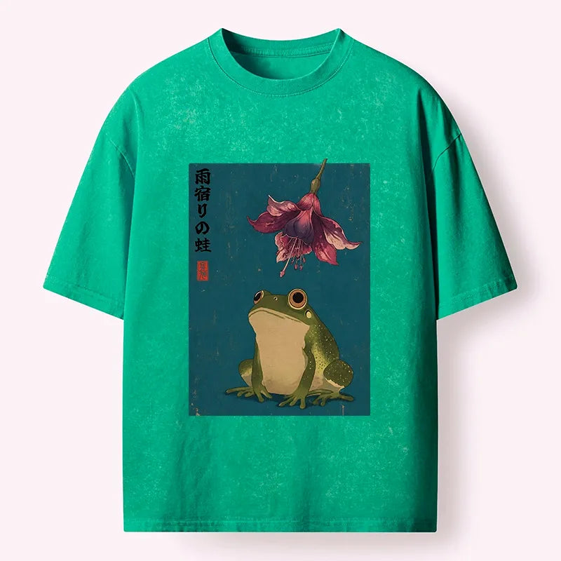 Kyoto-Lion Ukiyo E Rain Frog Art Washed T-Shirt