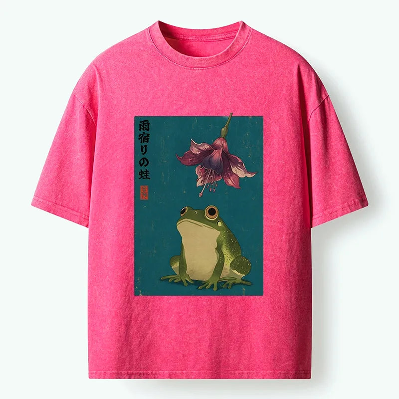 Kyoto-Lion Ukiyo E Rain Frog Art Washed T-Shirt