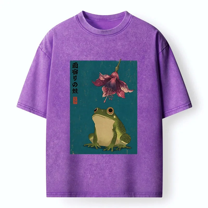 Kyoto-Lion Ukiyo E Rain Frog Art Washed T-Shirt
