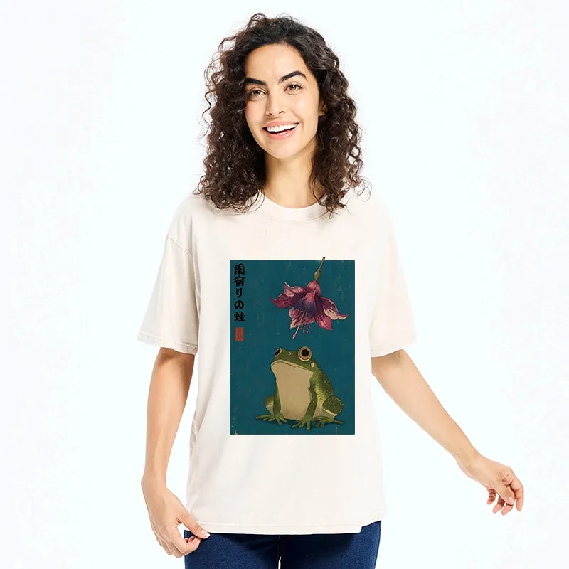 Kyoto-Lion Ukiyo E Rain Frog Art Washed T-Shirt