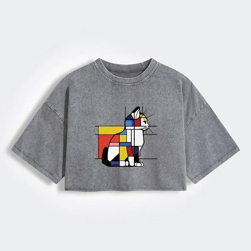 Women's Washed Crop T-Shirt with Geometric Cat Art
