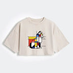 Japanese Retro Cat Art Crop Top for Summer
