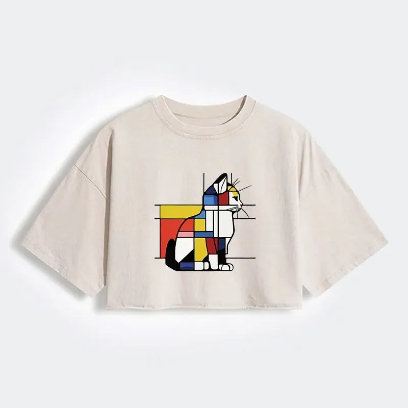 Japanese Retro Cat Art Crop Top for Summer