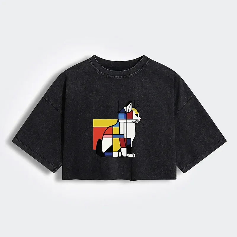 Japanese Retro Cat Art Crop Top for Summer