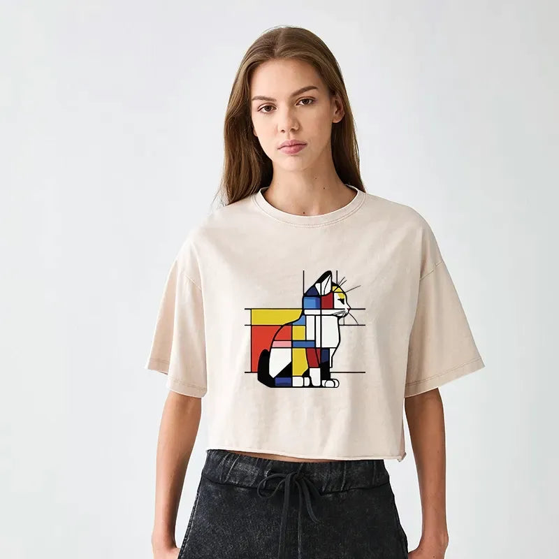Women's Washed Crop T-Shirt with Geometric Cat Art