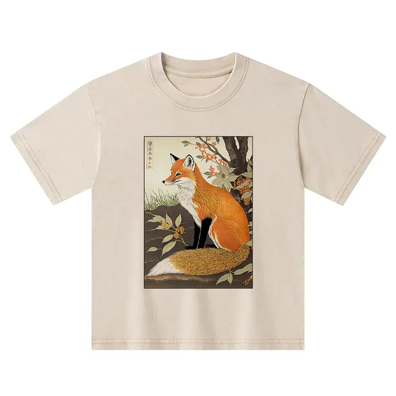 Kyoto-Lion Ukiyo-e Fox Kids Washed T-Shirt