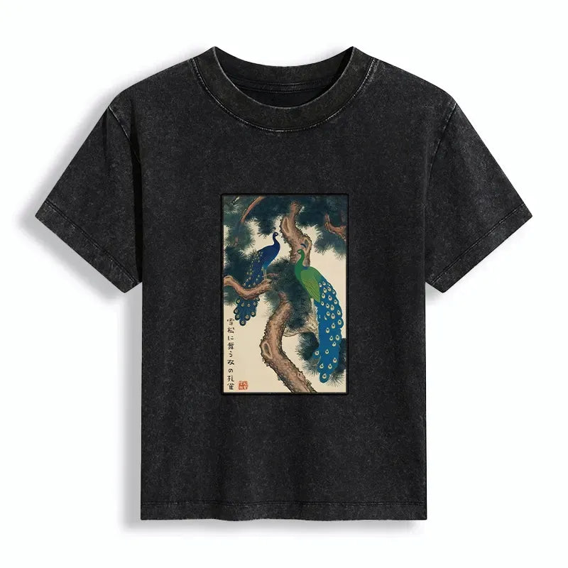 Peacock Woodblock Print T-Shirt for Women