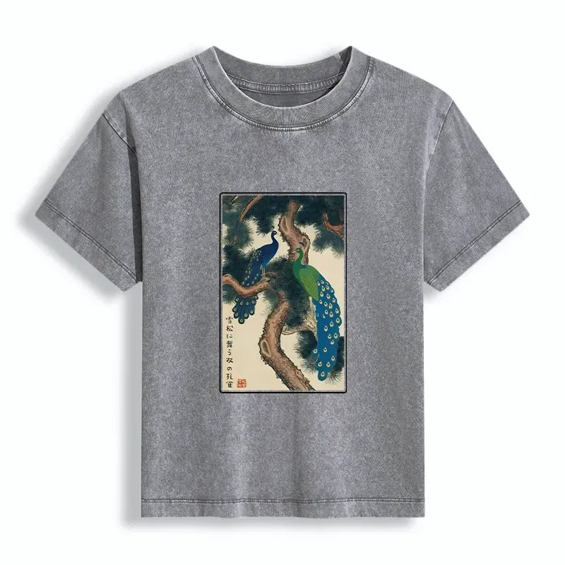 Peacock Woodblock Print T-Shirt for Women
