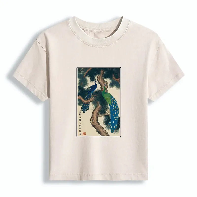 Kyoto-Lion Peacocks in Snowy Pines Women's Washed T-shirt