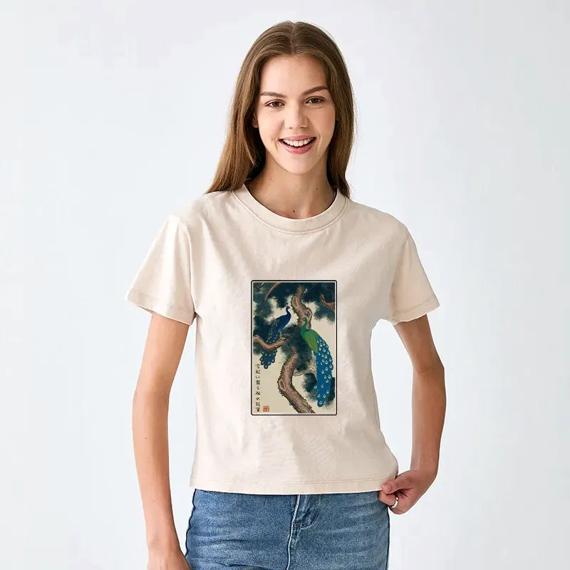 Peacock Woodblock Print T-Shirt for Women