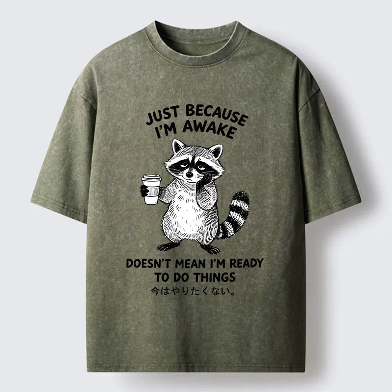 Kyoto-Lion Tired Raccoon Coffee Washed T-Shirt