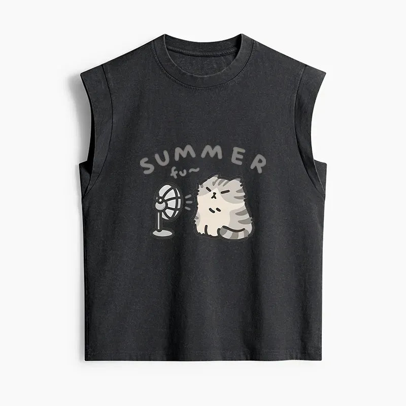 Summer Washed Tank Top with Cat Design