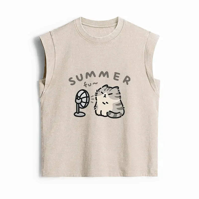 Summer Washed Tank Top with Cat Design