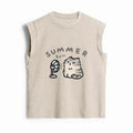 Summer Washed Tank Top with Cat Design