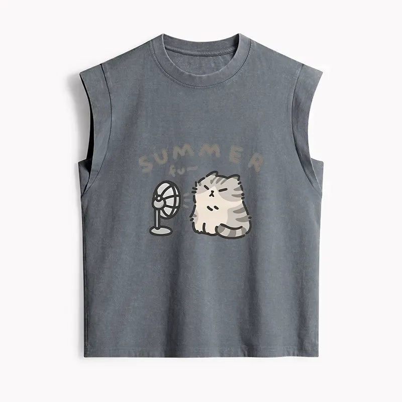 Summer Washed Tank Top with Cat Design
