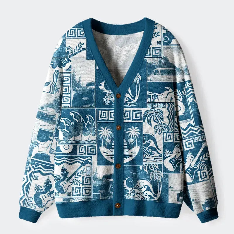 Kyoto-Lion Tropical Island Collage Ugly Cardigan Sweater