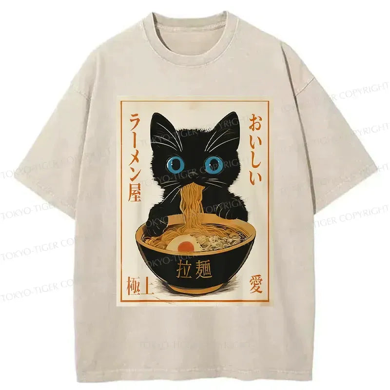 Washed Japanese Cat Ramen Tee for Streetwear