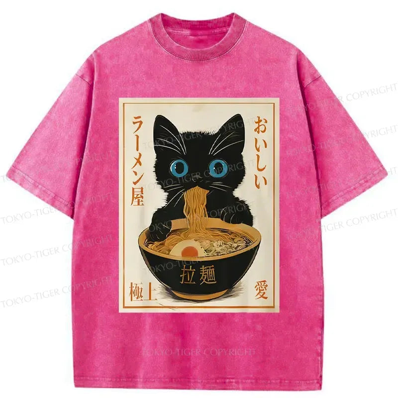 Washed Japanese Cat Ramen Tee for Streetwear