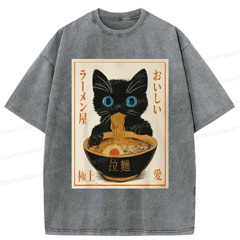 Vintage Cat Eating Ramen T-Shirt for Gift for Him