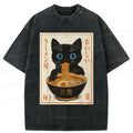 Washed Japanese Cat Ramen Tee for Streetwear