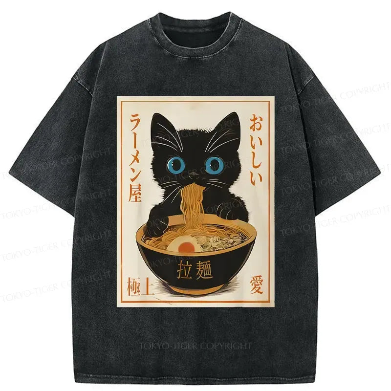 Washed Japanese Cat Ramen Tee for Streetwear