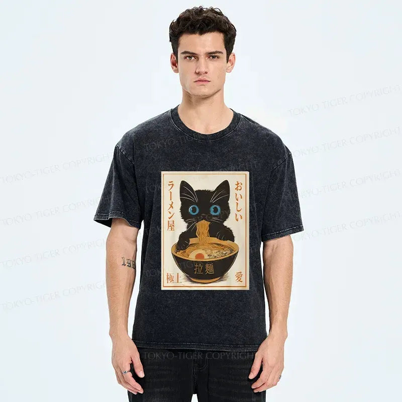 Kyoto-Lion Vintage Cat Eating Ramen Washed T-Shirt