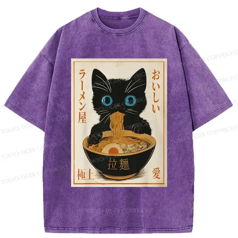Washed Japanese Cat Ramen Tee for Streetwear
