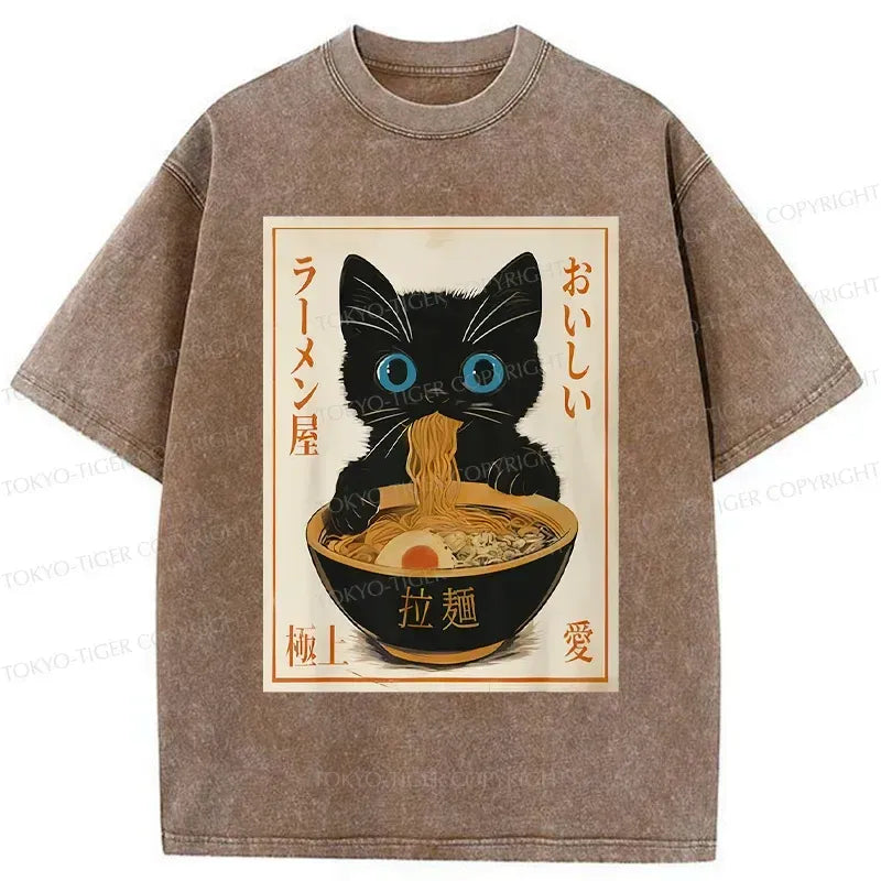 Kyoto-Lion Vintage Cat Eating Ramen Washed T-Shirt